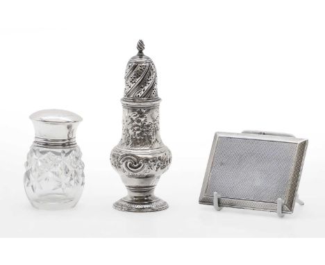 A group of silver items, comprising a cigarette case, by Cohen &amp; Charles, 8cm wide, a George III silver sifter, by Samuel