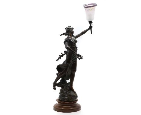 An Art Noveau bronze figure, 20th century, after Auguste Marthurin Moreau, converted to a lamp, signed 'Aug Maru...'87cm high