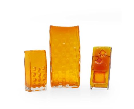 A collection of Whitefriars Texture Range glass items, c.1970, designed by Geoffrey Baxter, comprising a Basket Weave vase, N