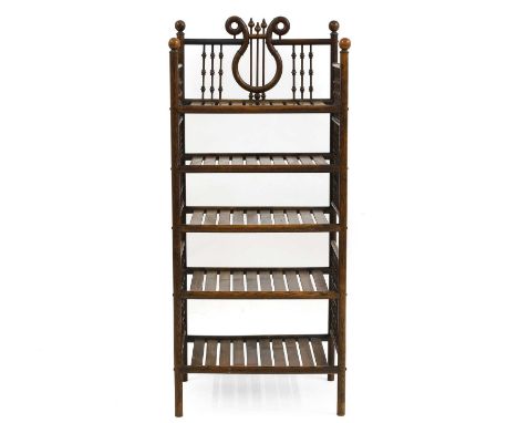 An ash five tier stand,  19th century, the lyre back over bobbin turned sides and slatted shelves  49cm wide   36cm deep  114