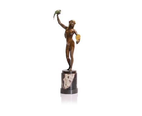Auguste Durin (French, 19th/20th century), an Art Nouveau cold-painted, patinated and gilt-bronze figure, c.1910, modelled as