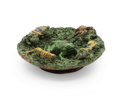 A majolica Palissy type pottery dish, late 19th century, by Jose A Cunha, Portugual, modelled with a frog surrounded with ins