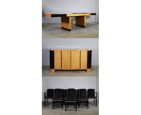An Art Deco bird's-eye maple and ebonised dining suite, c.1930, comprising:a sideboard,the serpentine form flanked with flute