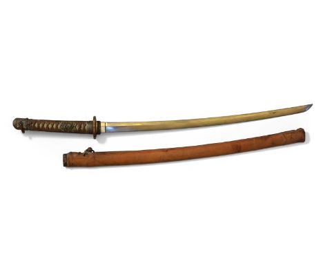 A Japanese WW2 Officer's Shin Gunto katana, 20th century, in orginal leather saya and with fish skin and bound grip fitted wi