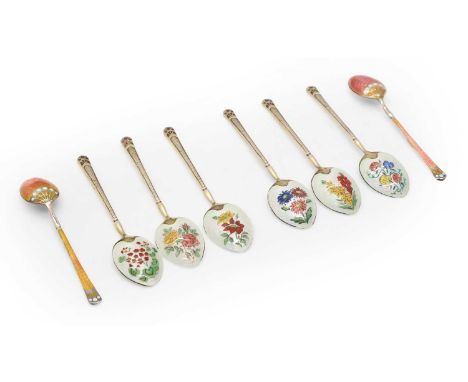 A cased set of silver gilt and enamel spoons, by the Birmingham Mint, Birmingham 1979, the bowl back each painted with a diff
