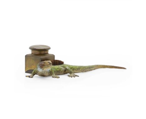An Austrian cold painted spelter inkwell,  in the manner of Franz Bergmann (1861-1936), modelled as a lizard, mounted with a 