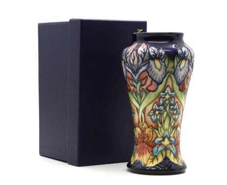 A Moorcroft pottery 'Gentian' pattern trial vase, by Phillip Gibson, impressed and painted marks, dated 28.10.99, with its or