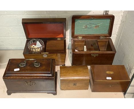 5 TEA CADDIES - 1 X ROSEWOOD 1840, 1 X CHIPPENDALE 1765 &amp; 1 X 18C TEA CADDY
