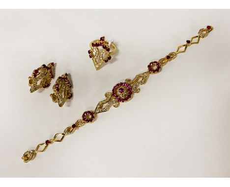 18CT GOLD RUBY &amp; DIAMOND BRIDGE SET OF JEWELLERY TO INCLUDE RING, BRACELET &amp; EARRINGS
