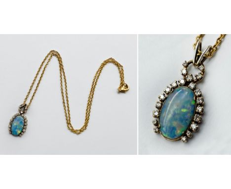 9CT GOLD OPAL &amp; DIAMOND PENDANT &amp; CHAIN
