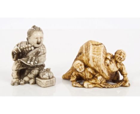 Late 19th century Japanese carved ivory netsuke of a man eating fruit - signed, 4cm, another with two men with large conch sh