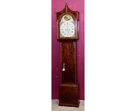 George III eight day longcase clock with painted arched dial with cottage and cornucopia, floral reserve spandrels, subsidiar