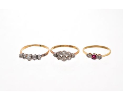Edwardian diamond five stone ring in millegrain setting, diamond illusion set ring and a ruby and diamond three stone ring (3