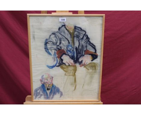 *Lucy Harwood (1893 - 1972), pencil and pastel sketch - a seated figure and a gentleman smoking a pipe, in glazed frame, 52.5