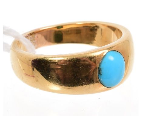 Yellow metal ring set with an oval turquoise cabochon in a rub-over setting, on plain tapering shank - tests as 18ct gold.  R