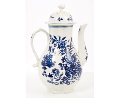 18th century Worcester blue and white coffee pot and cover with Chinese fence decoration, applied floral knop, 25cm   CONDITI