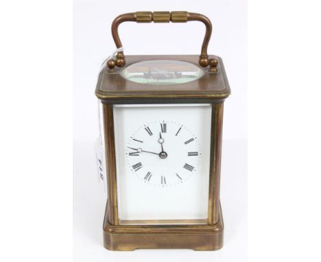 Late 19th century French carriage clock chiming on a gong, in brass case, 17.5cm high, in carrying case