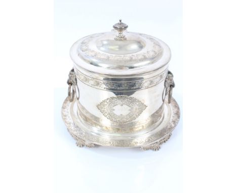 Late 19th / early 20th century silver plated biscuit box of oval form, with engraved floral and foliate decoration, goat-head