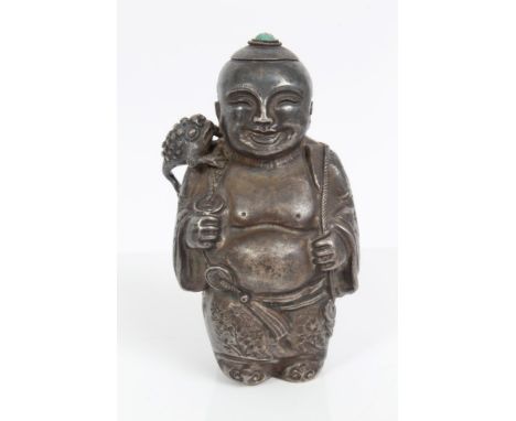 Late 19th / early 20th century Chinese white snuff bottle in the form of Buddha, a toad on his shoulder, the crown of his hea