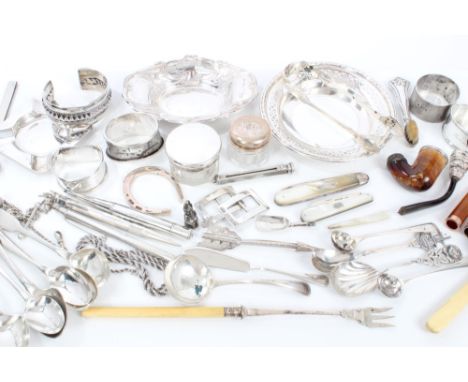 Selection of miscellaneous silver and white metal - including flatware, napkin rings, pair buckles, propelling pencils, fruit