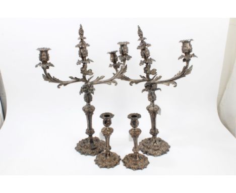 Pair early 19th century silver plate three-light candelabra in the mid-18th century style, with slender columns with rococo s