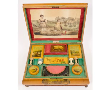 Early 19th century French sycamore and polychrome painted workbox, the hinged rectangular domed cover centred by landscape re