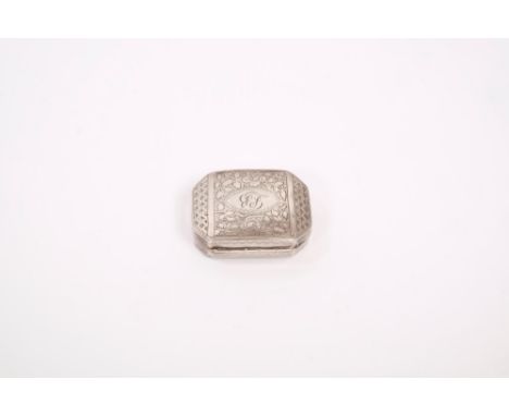 George III silver vinaigrette of shaped rectangular form, with canted corners and engraved floral / fish-guard decoration, hi