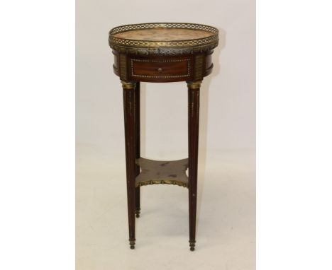 French Louis XVI-style mahogany marble-topped and gilt metal mounted circular side table, marble inset top with pierced brass