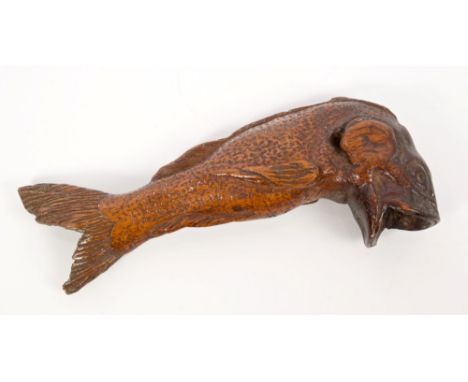 Rare 19th century carved treen walking stick handle in the form of a fish, signed to underside - P. A