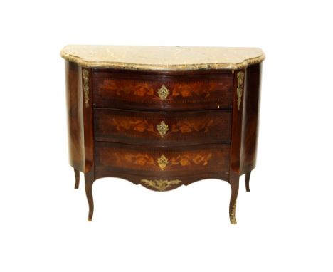 19th century Continental mahogany, marquetry and marble-topped serpentine commode with shaped variegated marble top over five