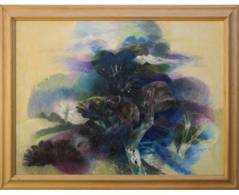 *Glyn Morgan (1926 - 2015), oil on canvas - 'Landscape with a blue gate III', 91cm x 121cm, framed