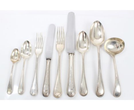 Victorian silver Old English bead pattern table service with engraved initials - comprising six table forks, twelve dessert f