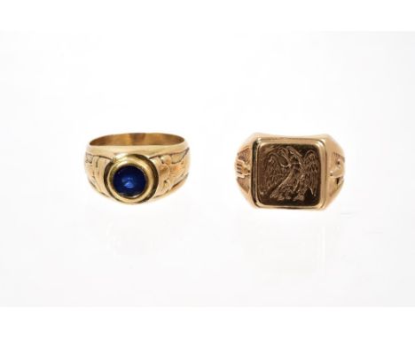 Gentlemen's yellow metal signet ring, stamped - 14k and one other inset with a blue sapphire.  Ring sizes both approximately 