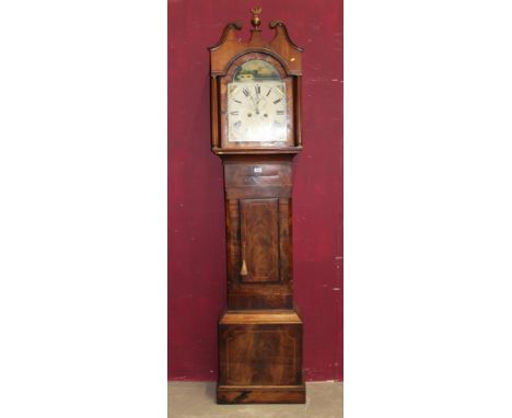 19th century eight day longcase clock with painted arched dial decorated in arch with country house and bridge, floral spandr