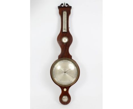 Early 19th century banjo barometer thermometer with silvered dials, dry-damp and spirit level apertures, signed - James Lione