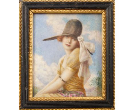 English School (circa 1920), watercolour on ivory - Fine miniature portrait of a young woman seated in profile against a blue