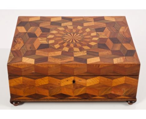 Fine Regency parquetry inlaid workbox, the hinged cover centred by concentric circular panel with tumbling block surround, co