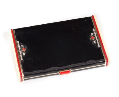 Art Deco Asprey silver gilt, enamel, diamond and ivory cigarette case, the black enamel panels with diamond and red enamel de