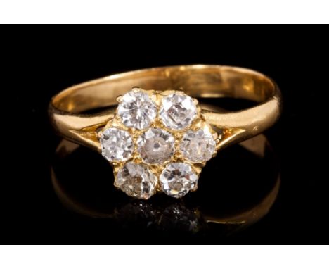 Victorian diamond cluster ring, the flower-head cluster comprising seven old cut diamonds in claw setting, on plain shank.  E