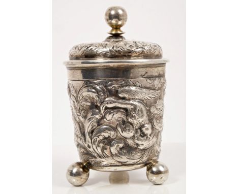 Early 19th century Dutch silver cup and cover of tapering cylindrical form, in the late 17th century Augsburg style, with rai