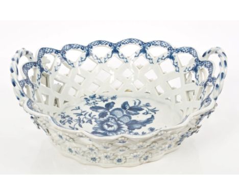 18th century Worcester blue and white porcelain nut basket with printed Pinecone pattern decoration and applied floral bosses