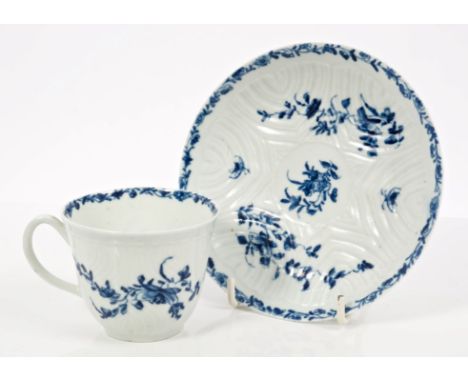18th century Worcester blue and white feather-moulded cup and saucer with painted floral and insect decoration - workman's ma