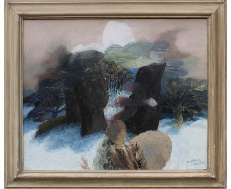*Glyn Morgan (1926 - 2015), oil on canvas - 'Landscape with standing stones', signed and dated 2000, 77cm x 90cm, framed.Illu