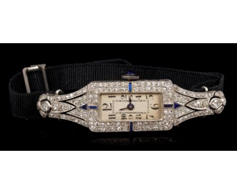 Art Deco ladies' diamond and sapphire cocktail watch, the Swiss sixteen jewel movement signed - 'Elem W. Co.', with rectangul