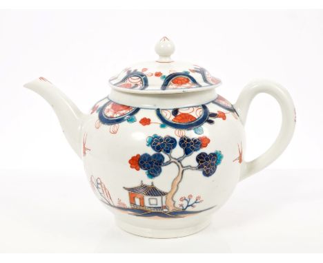 18th century Worcester Imari palette teapot and cover with painted Chinese landscape and bird decoration, 20cm   CONDITION RE