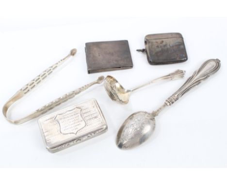 Selection of Victorian and later miscellaneous silver - including snuff box with engine-turned decoration and engraved inscri