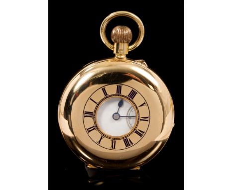 Gentlemen's gold (18ct) half hunter pocket watch, the three-quarter plate button-wind movement numbered 5455, the white ename