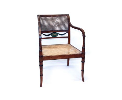 George III-style polychrome painted elbow chair with end tablet back and seat between downswept arms, on ring-turned legs