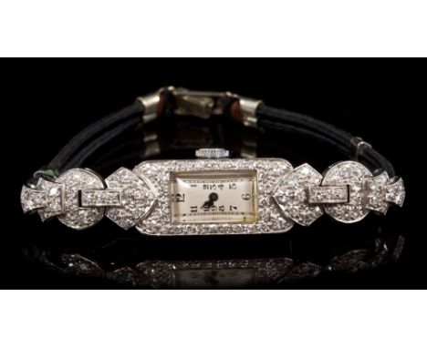 Art Deco ladies' diamond cocktail watch, the Swiss mechanical anti-magnetic movement with rectangular dial, the platinum case
