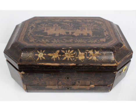 19th century Chinese export black lacquer and gilt-heightened workbox of typical canted rectangular cushion form, with ring h